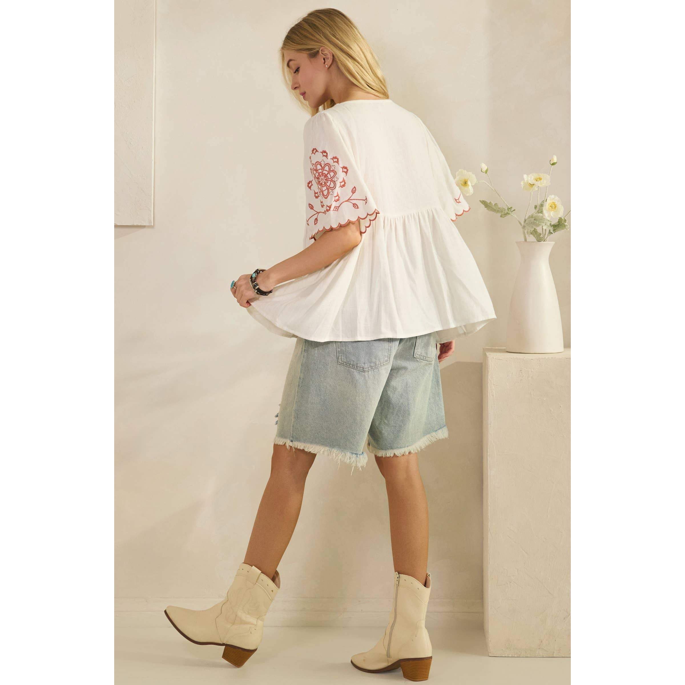 SCALLOPED BOHO EMBROIDERED BLOUSE (ST7681)-Sage + Fig-Stuffology - Where Vintage Meets Modern, A Boutique for Real Women in Crosbyton, TX