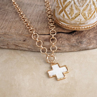 Luminous Cross – Mother of Pearl Charm Necklace-Necklaces-PennyLine inc-Stuffology - Where Vintage Meets Modern, A Boutique for Real Women in Crosbyton, TX