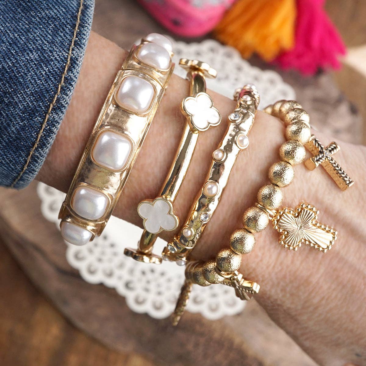 Eternal Glow – Eternity Stretchy Bangle with Cabochons or Pearls-PennyLine inc-Stuffology - Where Vintage Meets Modern, A Boutique for Real Women in Crosbyton, TX