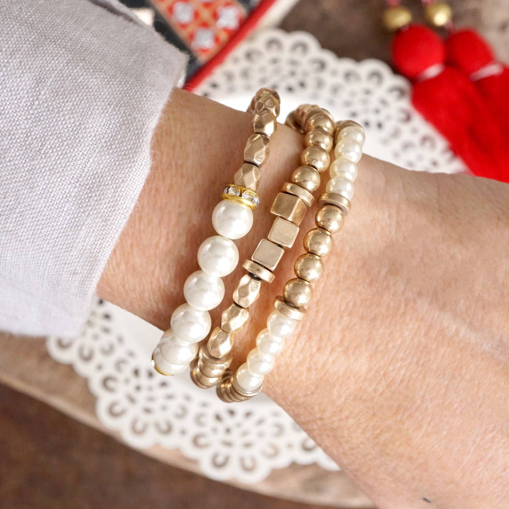 Pearls and Antique Gold Beaded Bracelet Set-Bracelets-PennyLine inc-Stuffology - Where Vintage Meets Modern, A Boutique for Real Women in Crosbyton, TX