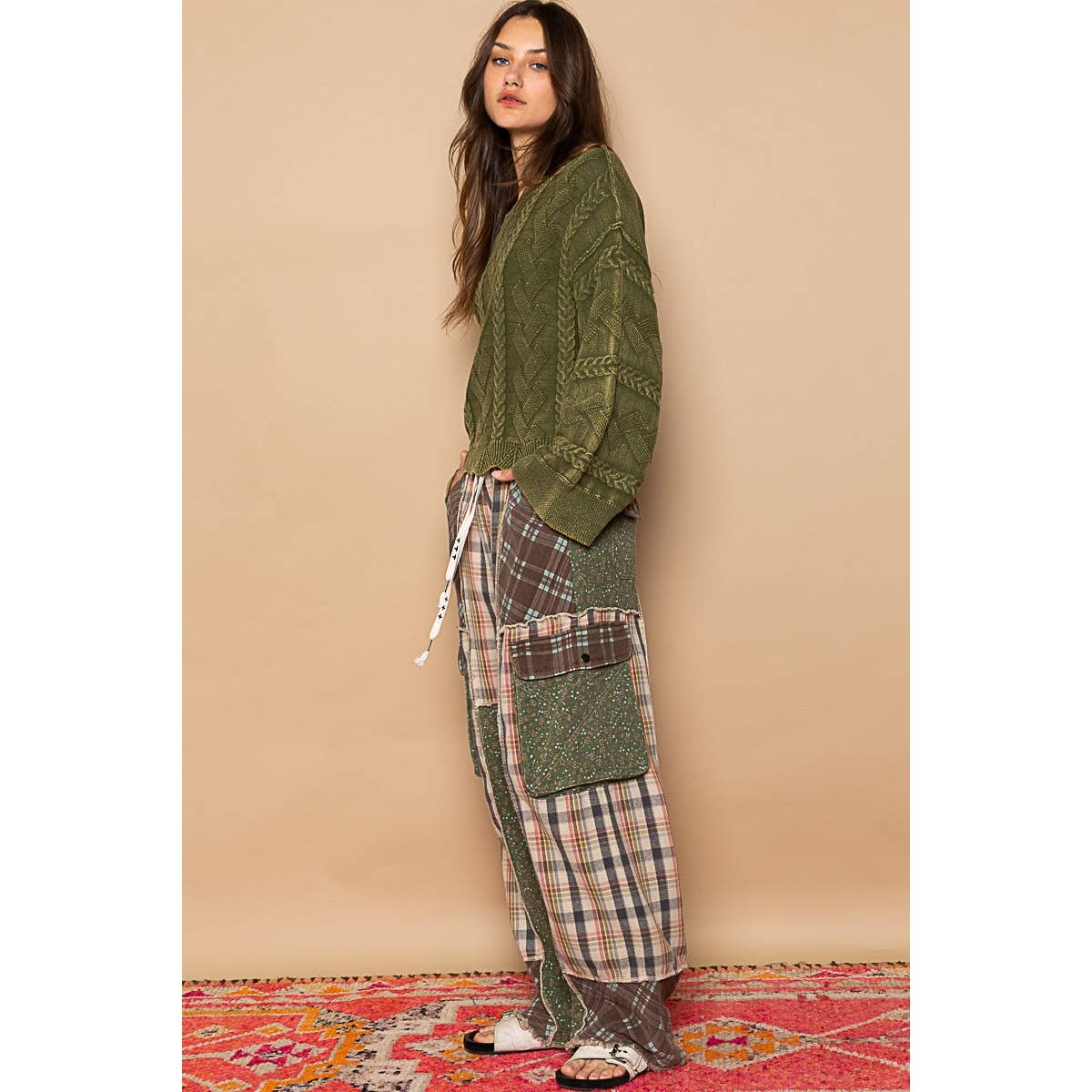 Wide Leg Elastic Waist Contrast Plaid Cargo Pockets Pants /Stuffology Boutique-Pants-Pol Clothing-Stuffology - Where Vintage Meets Modern, A Boutique for Real Women in Crosbyton, TX