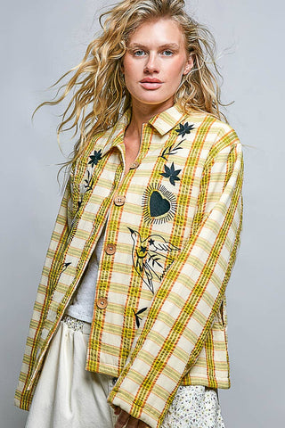 Plaid Embroidered Wooden Button Down Shirt Jacket-Jackets-Pol Clothing-Stuffology - Where Vintage Meets Modern, A Boutique for Real Women in Crosbyton, TX