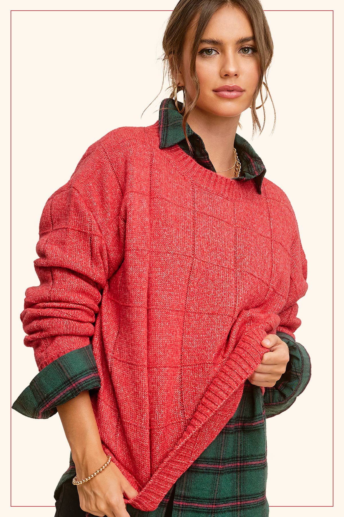 MCS3564-Loose Fit Windowpane Patterned Two Tone Sweater-La Miel-Stuffology - Where Vintage Meets Modern, A Boutique for Real Women in Crosbyton, TX