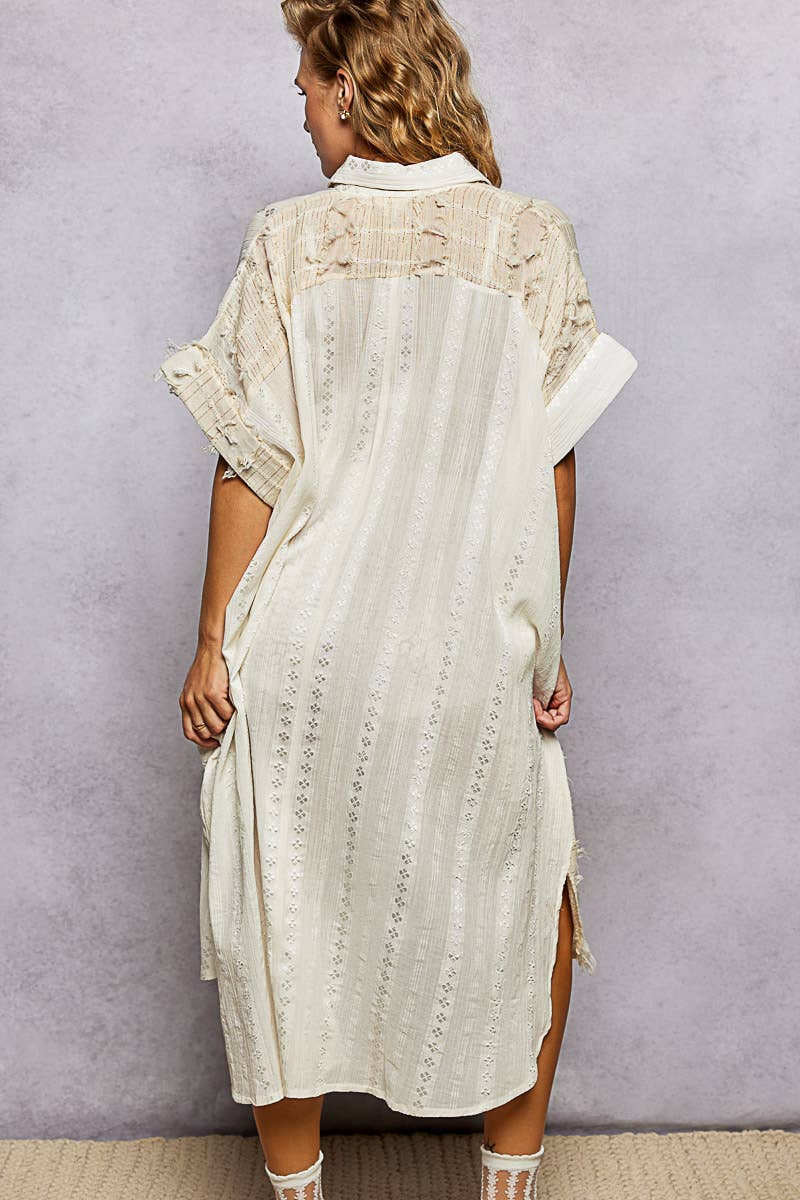 Dangle Trim Textured Cotton Oversized Long Shirt Dress-Dresses-Pol Clothing-Stuffology - Where Vintage Meets Modern, A Boutique for Real Women in Crosbyton, TX