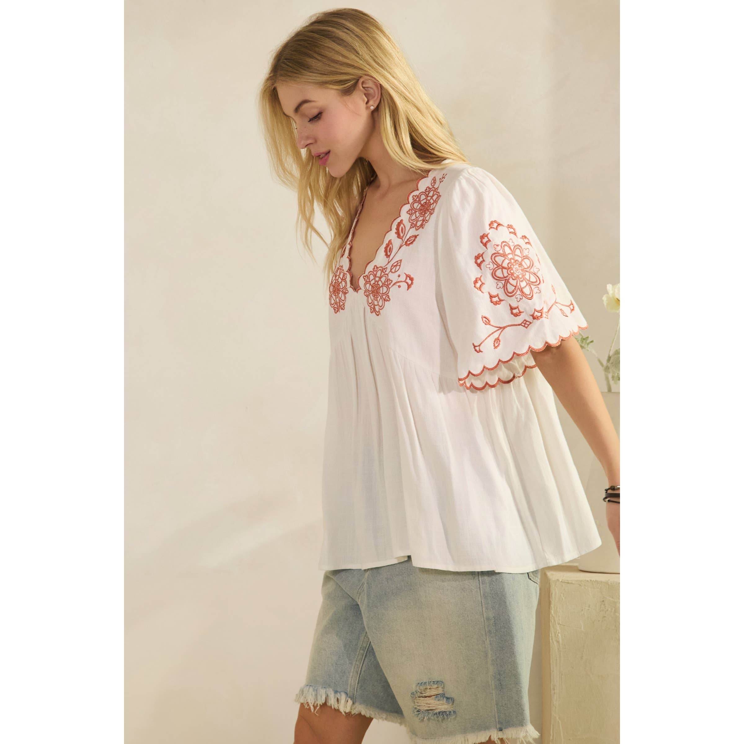 SCALLOPED BOHO EMBROIDERED BLOUSE (ST7681)-Sage + Fig-Stuffology - Where Vintage Meets Modern, A Boutique for Real Women in Crosbyton, TX