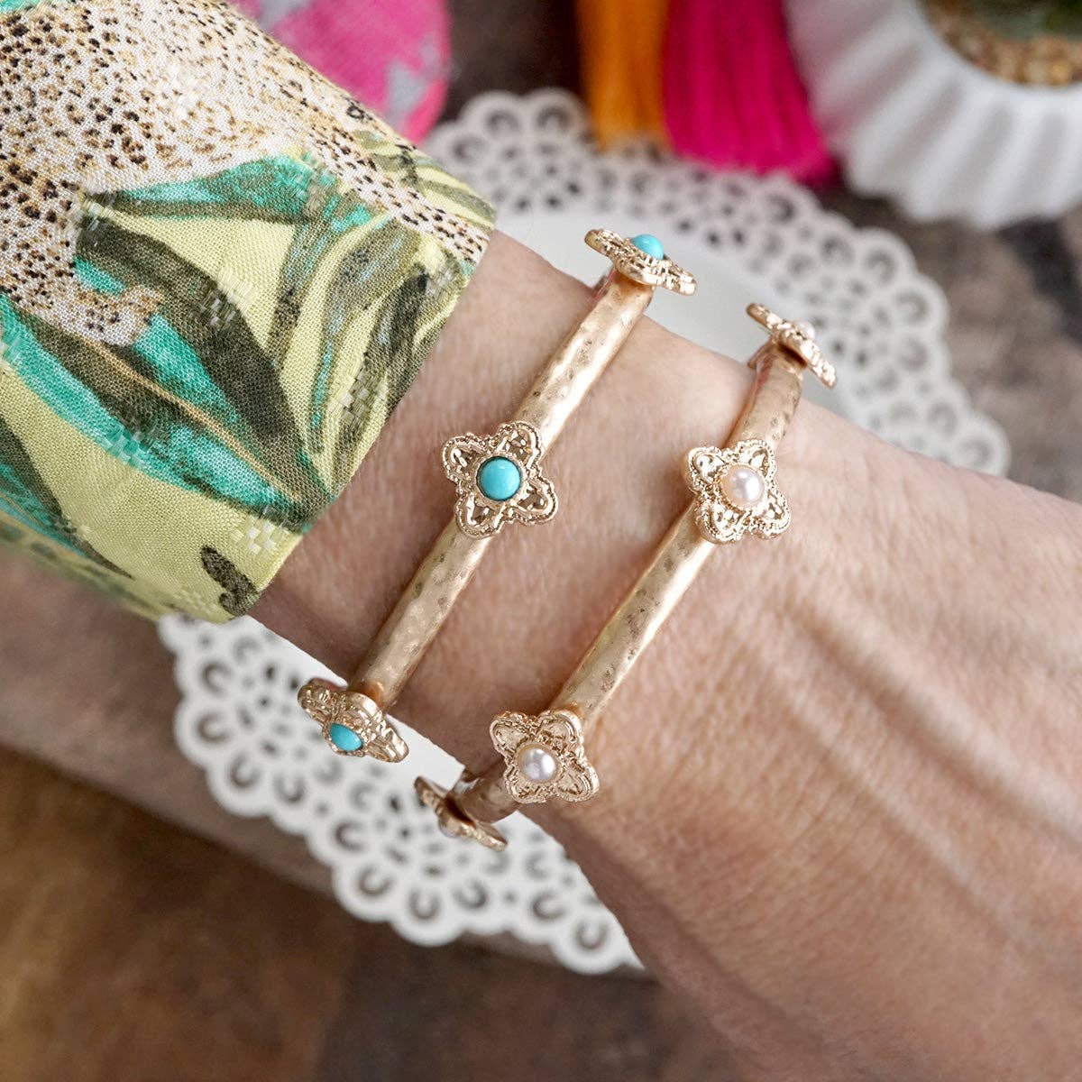 Sun-Kissed Shine – Medallion Stretchy Bangle with Pearl or Turquoise-Bracelets-PennyLine inc-Stuffology - Where Vintage Meets Modern, A Boutique for Real Women in Crosbyton, TX