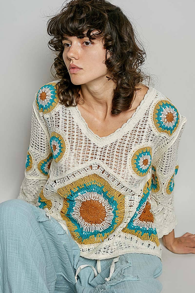 V-Neck Granny Circle Motif Scalloped Edge Crochet Top-Crochet Top-Pol Clothing-Stuffology - Where Vintage Meets Modern, A Boutique for Real Women in Crosbyton, TX