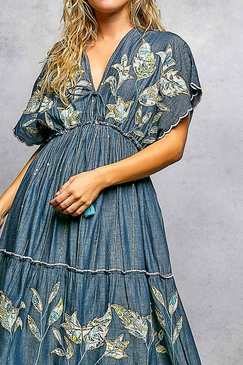 Embroidery Ruffle Neck Loop Cotton Denim V-neck Long Dress-Pol Clothing-Stuffology - Where Vintage Meets Modern, A Boutique for Real Women in Crosbyton, TX