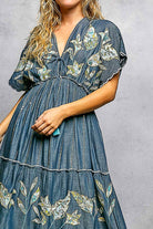 Embroidery Ruffle Neck Loop Cotton Denim V-neck Long Dress-Pol Clothing-Stuffology - Where Vintage Meets Modern, A Boutique for Real Women in Crosbyton, TX