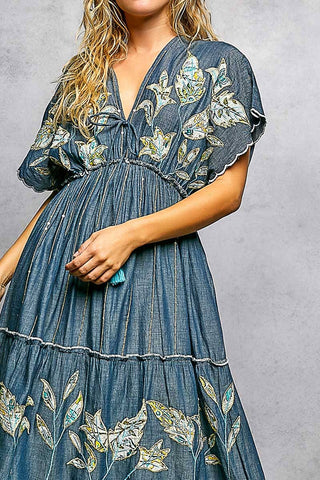 Embroidery Ruffle Neck Loop Cotton Denim V-neck Long Dress-Pol Clothing-Stuffology - Where Vintage Meets Modern, A Boutique for Real Women in Crosbyton, TX