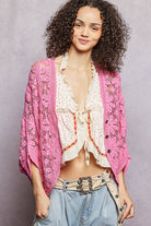 3/4 Sleeve Crochet Button Down Bubble Gum Pink Cardigan-Pol Clothing-Stuffology - Where Vintage Meets Modern, A Boutique for Real Women in Crosbyton, TX