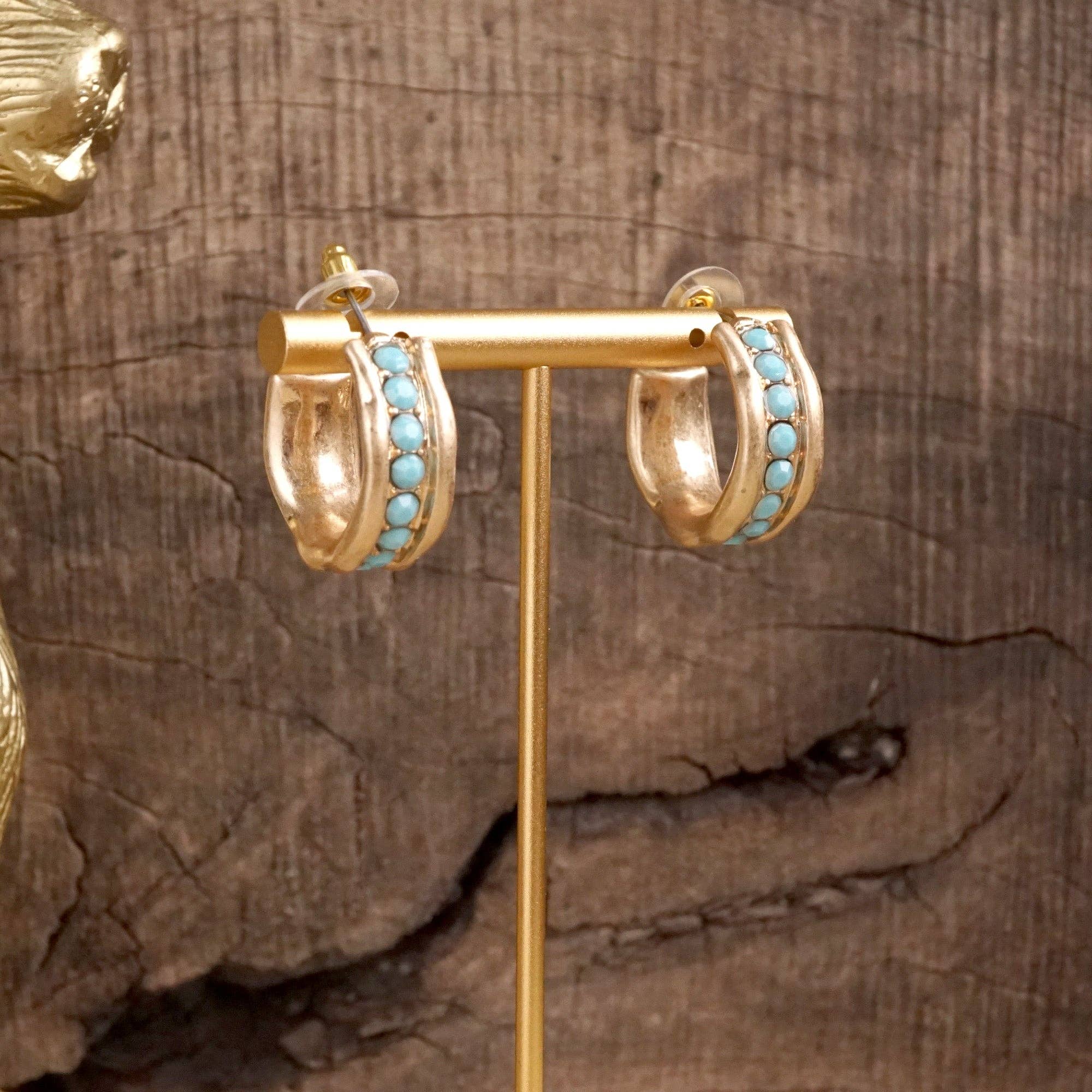 Minimalist Hoops with Faux Pearls or Turquoise – Brushed Gold-Earrings-PennyLine inc-Stuffology - Where Vintage Meets Modern, A Boutique for Real Women in Crosbyton, TX