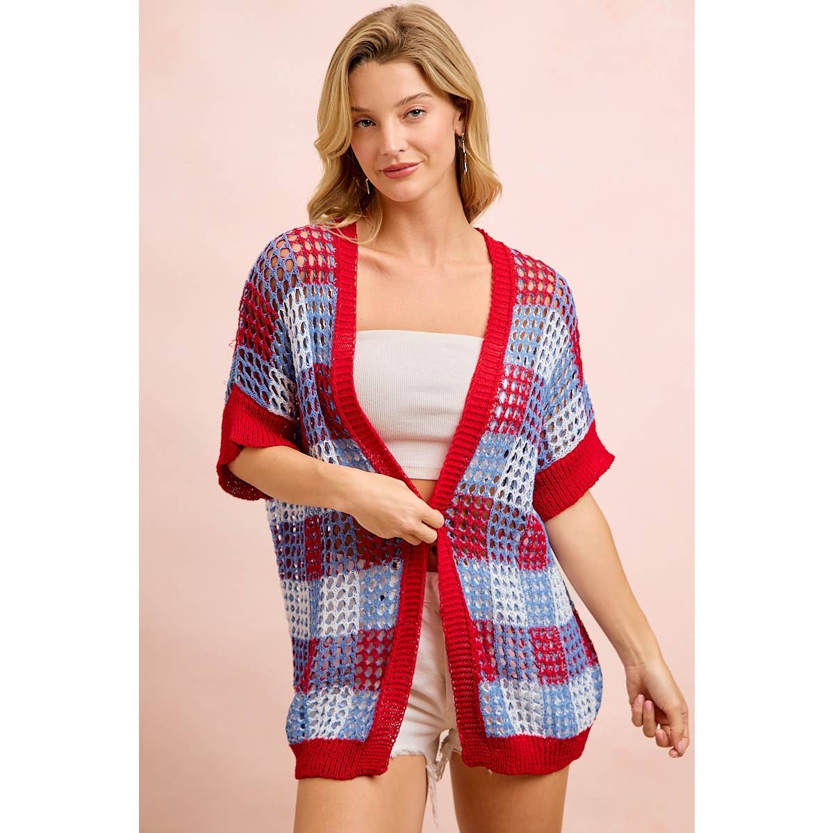 CHECKER BOARD PATTERN OPEN KNIT CARDIGAN-Cardigan-BiBi-Stuffology - Where Vintage Meets Modern, A Boutique for Real Women in Crosbyton, TX