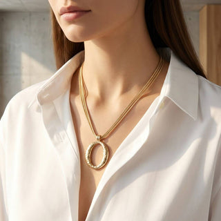 Matte Hammered Gold Oval Pendant Layered Chains Necklace-Necklaces-The Looks by Fame Accessories-Stuffology - Where Vintage Meets Modern, A Boutique for Real Women in Crosbyton, TX