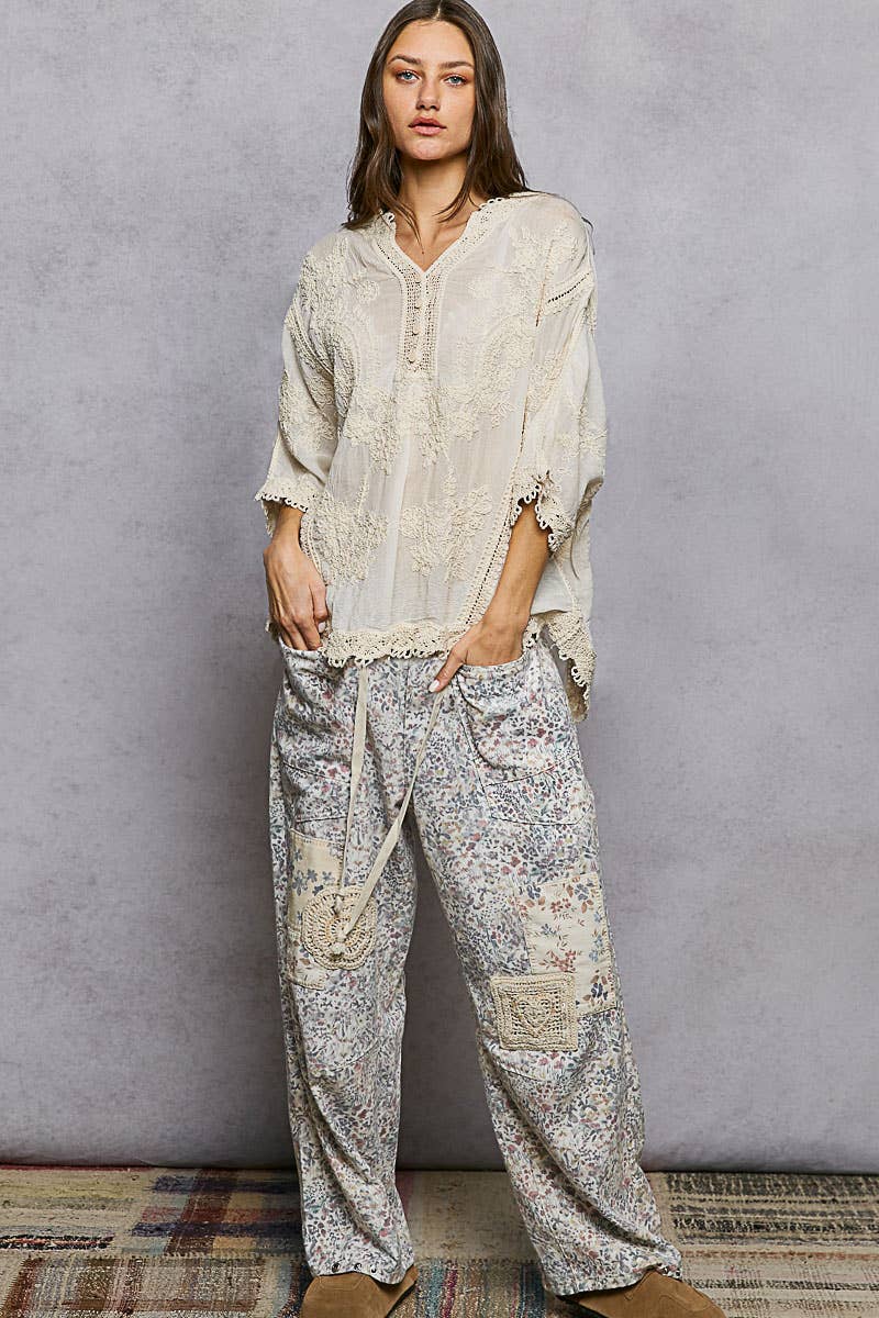 POL Clothing V-neck Short Sleeve Floral Embroidered Crochet Blouse Top-Crochet Top-Pol Clothing-Stuffology - Where Vintage Meets Modern, A Boutique for Real Women in Crosbyton, TX