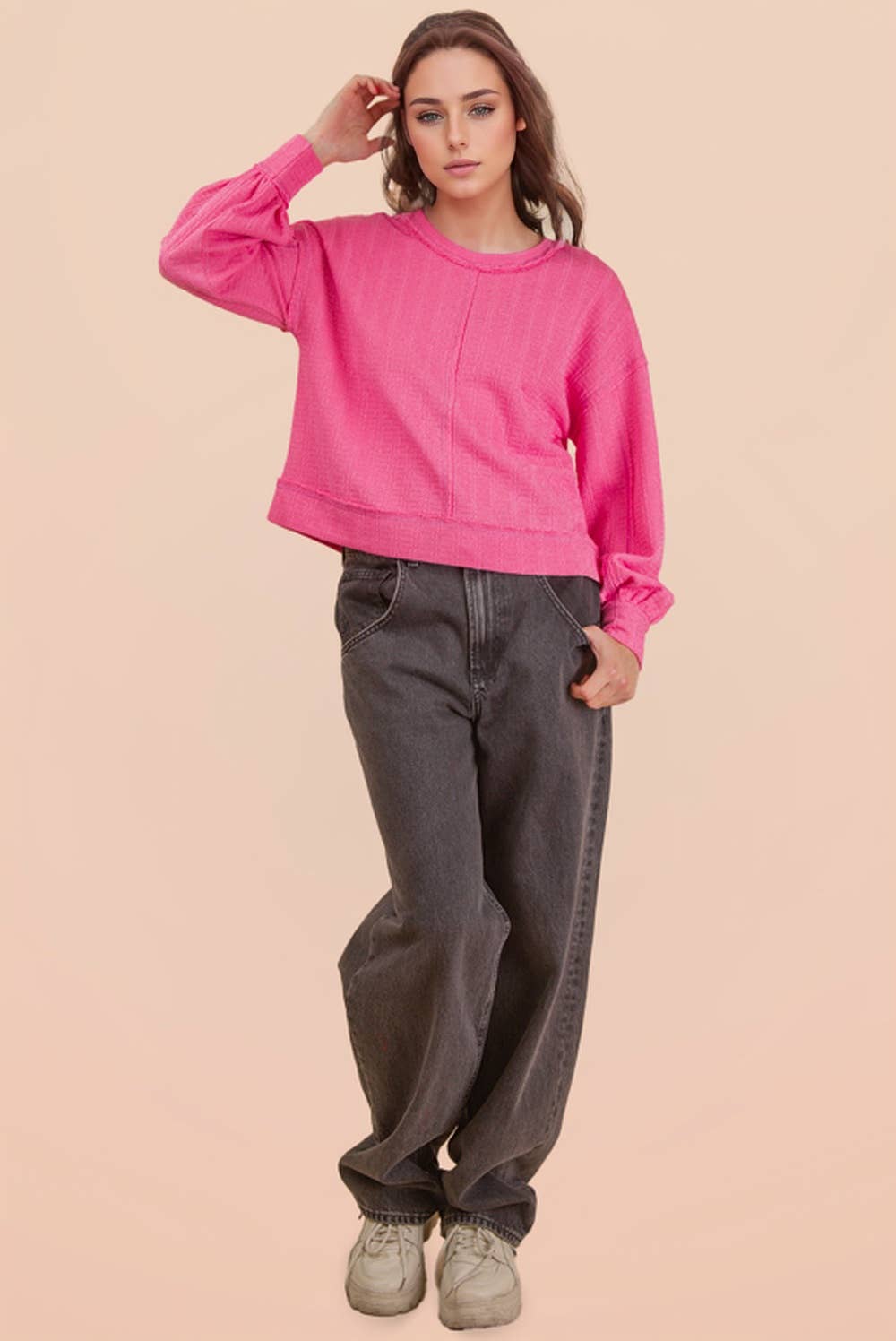 Raw Edge Detail Oversized Textured Knit Top-Top-VERY J-Stuffology - Where Vintage Meets Modern, A Boutique for Real Women in Crosbyton, TX
