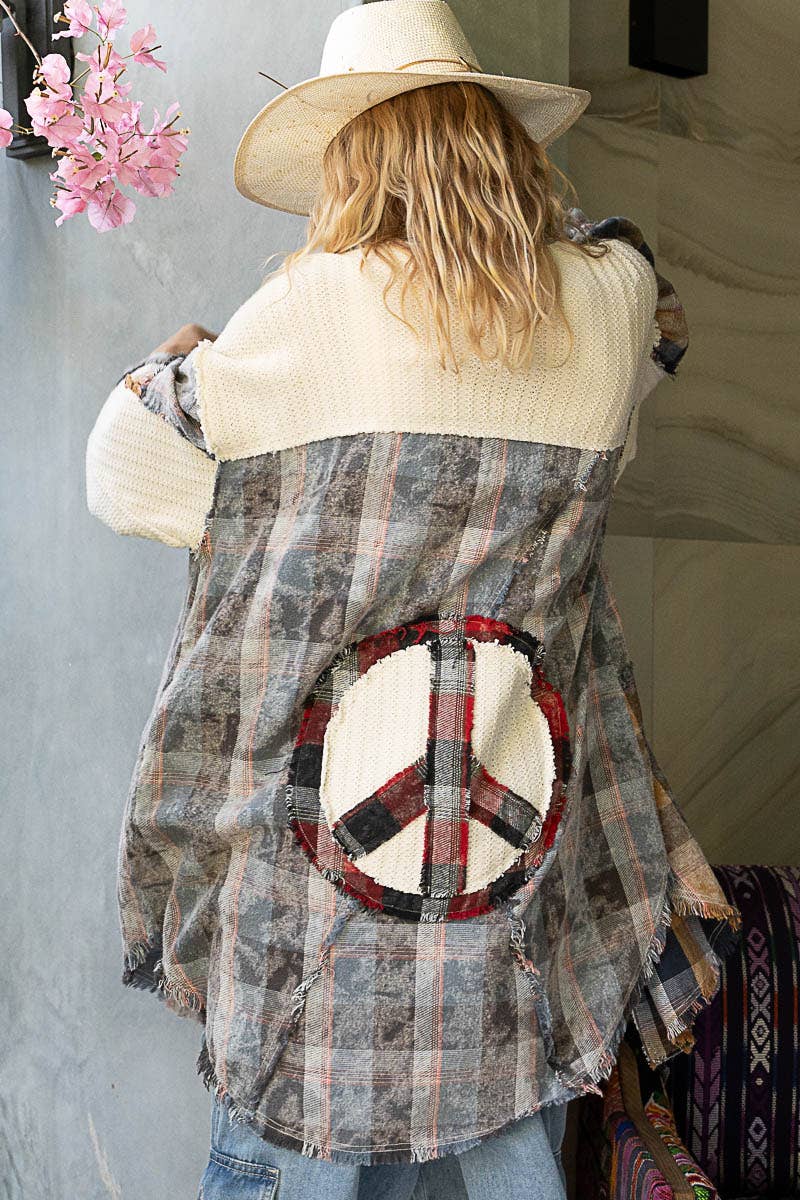 Oversized peace sign patch button down plaid shirt /Stuffology Boutique-Shirt / Jacket-POL Clothing-Stuffology - Where Vintage Meets Modern, A Boutique for Real Women in Crosbyton, TX