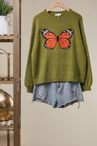 Embroidered Butterfly Crewneck Sweater-Sweaters-Mello.-Stuffology - Where Vintage Meets Modern, A Boutique for Real Women in Crosbyton, TX