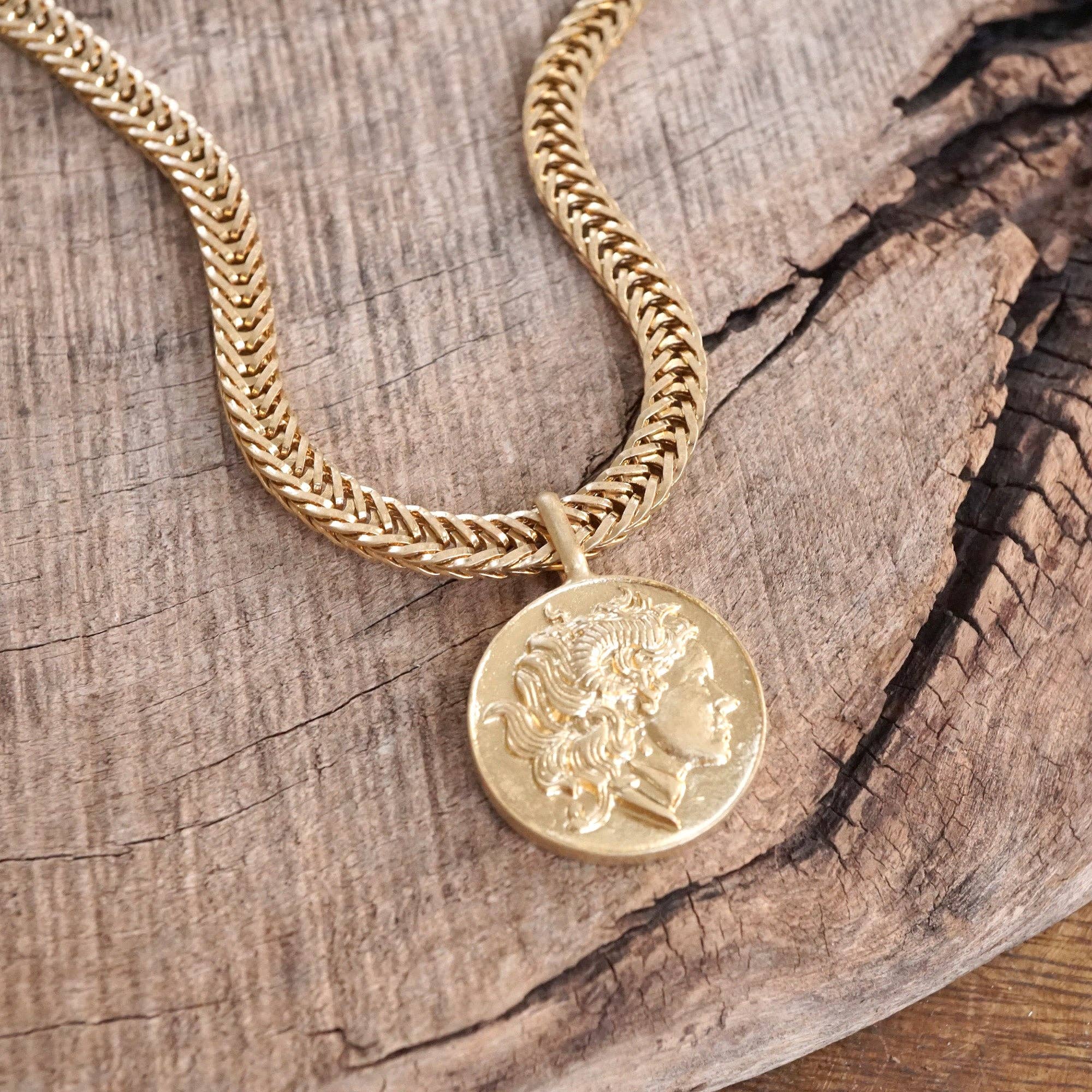 Coin Statement Chain Necklace in Worn Gold Tone-Necklaces-PennyLine inc-Stuffology - Where Vintage Meets Modern, A Boutique for Real Women in Crosbyton, TX