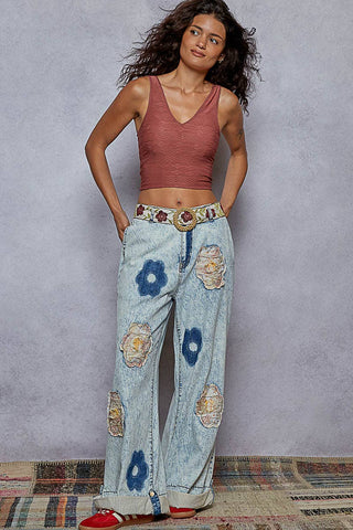 Floral Patchwork Rolled-up Denim Straight Pants-Jeans-Pol Clothing-Stuffology - Where Vintage Meets Modern, A Boutique for Real Women in Crosbyton, TX