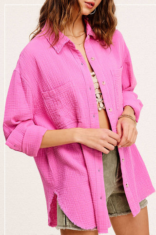 Crinkled Gauze Button Down Shirt-La Miel-Stuffology - Where Vintage Meets Modern, A Boutique for Real Women in Crosbyton, TX