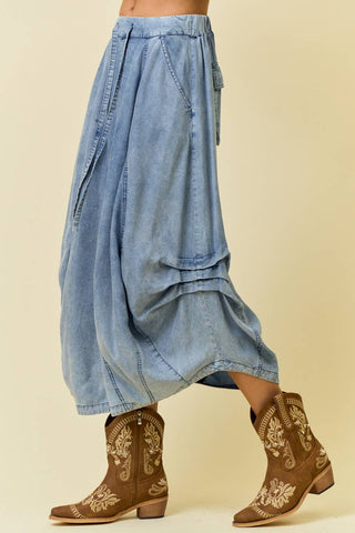 DENIM SIDE TUCK DETAIL MIDI SHIRT - 6557S-2-Skirts-Doe and Rae-Stuffology - Where Vintage Meets Modern, A Boutique for Real Women in Crosbyton, TX