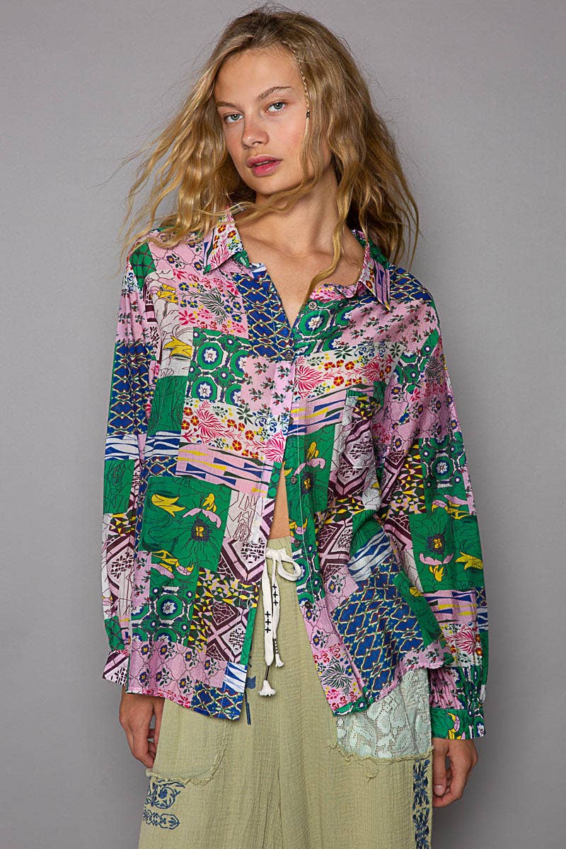 Oversize multi patterns button down long sleeve top /Stuffology Boutique-Shirt / Jacket-Pol Clothing-Stuffology - Where Vintage Meets Modern, A Boutique for Real Women in Crosbyton, TX