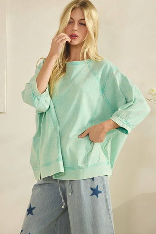 AQUA MINERAL WASH OVERSIZE PUFF-SLEEVE PULLOVER TEE-TOP-Sage + Fig-Stuffology - Where Vintage Meets Modern, A Boutique for Real Women in Crosbyton, TX