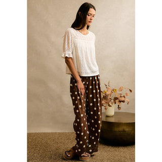 POLKA DOT CREPE SMOCKED POCKET WIDE LEG PANTS-Wide Leg Pants-So Me-Stuffology - Where Vintage Meets Modern, A Boutique for Real Women in Crosbyton, TX