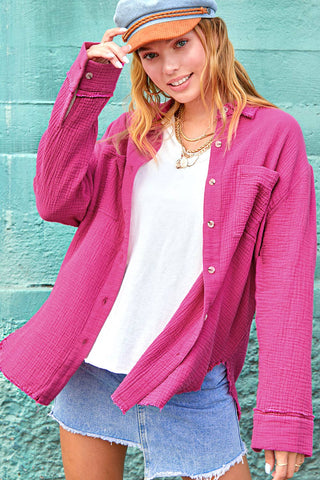 Crinkled Gauze Button Down Shirt-La Miel-Stuffology - Where Vintage Meets Modern, A Boutique for Real Women in Crosbyton, TX