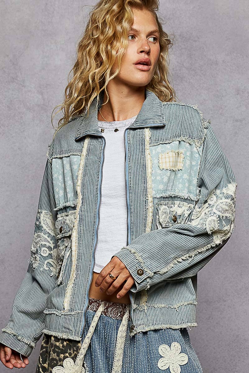 Long sleeve textured woven lace patchwork jacket-Pol Clothing-Stuffology - Where Vintage Meets Modern, A Boutique for Real Women in Crosbyton, TX