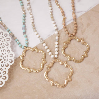 Long Wooden Bead Necklace with Clover Quatrefoil gold pendant - Ivory Cream-Necklaces-PennyLine inc-Stuffology - Where Vintage Meets Modern, A Boutique for Real Women in Crosbyton, TX