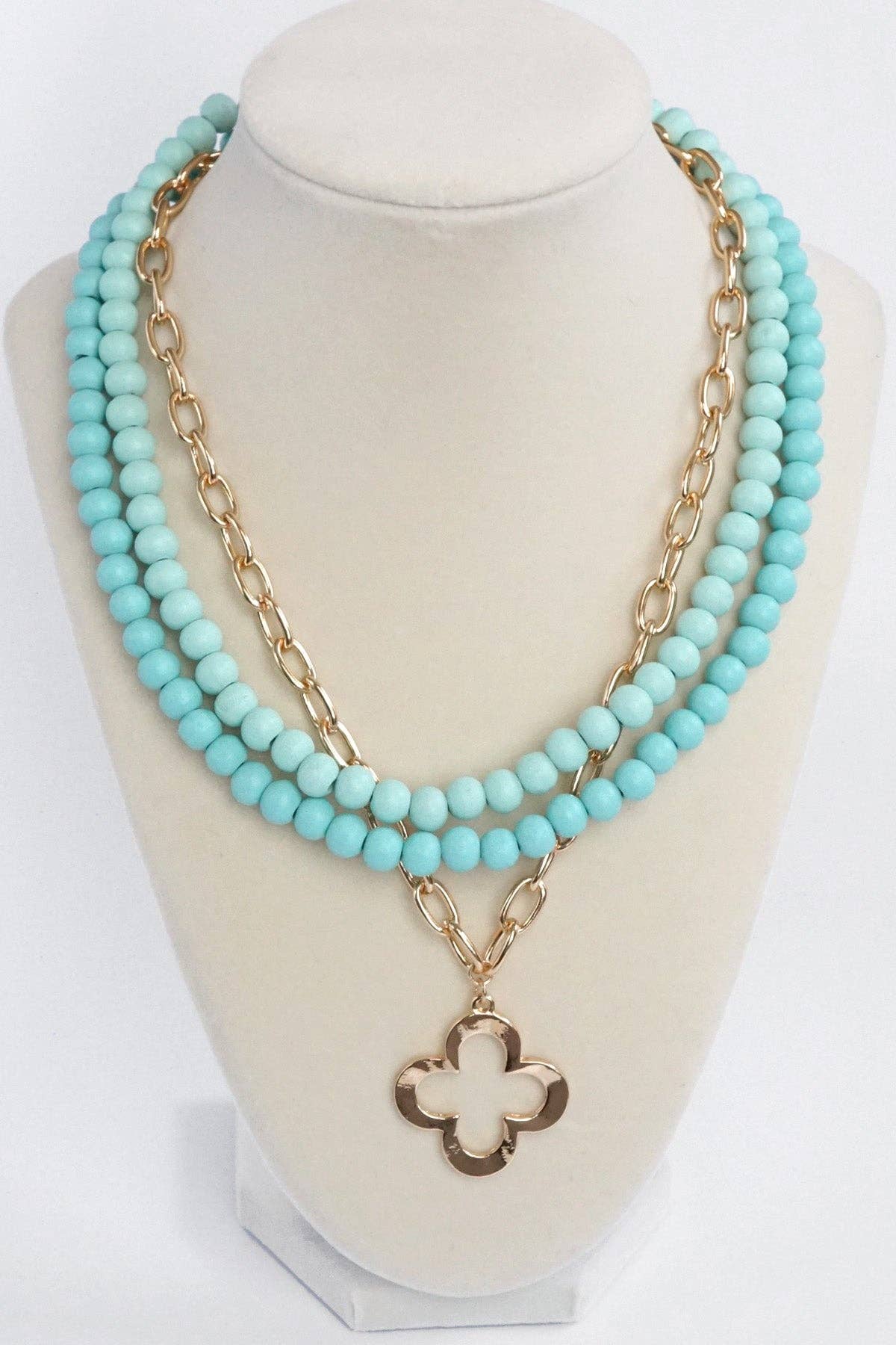 Short Necklace Wooden Beads Clover paperclip chain - Green-Necklaces-PennyLine inc-Stuffology - Where Vintage Meets Modern, A Boutique for Real Women in Crosbyton, TX