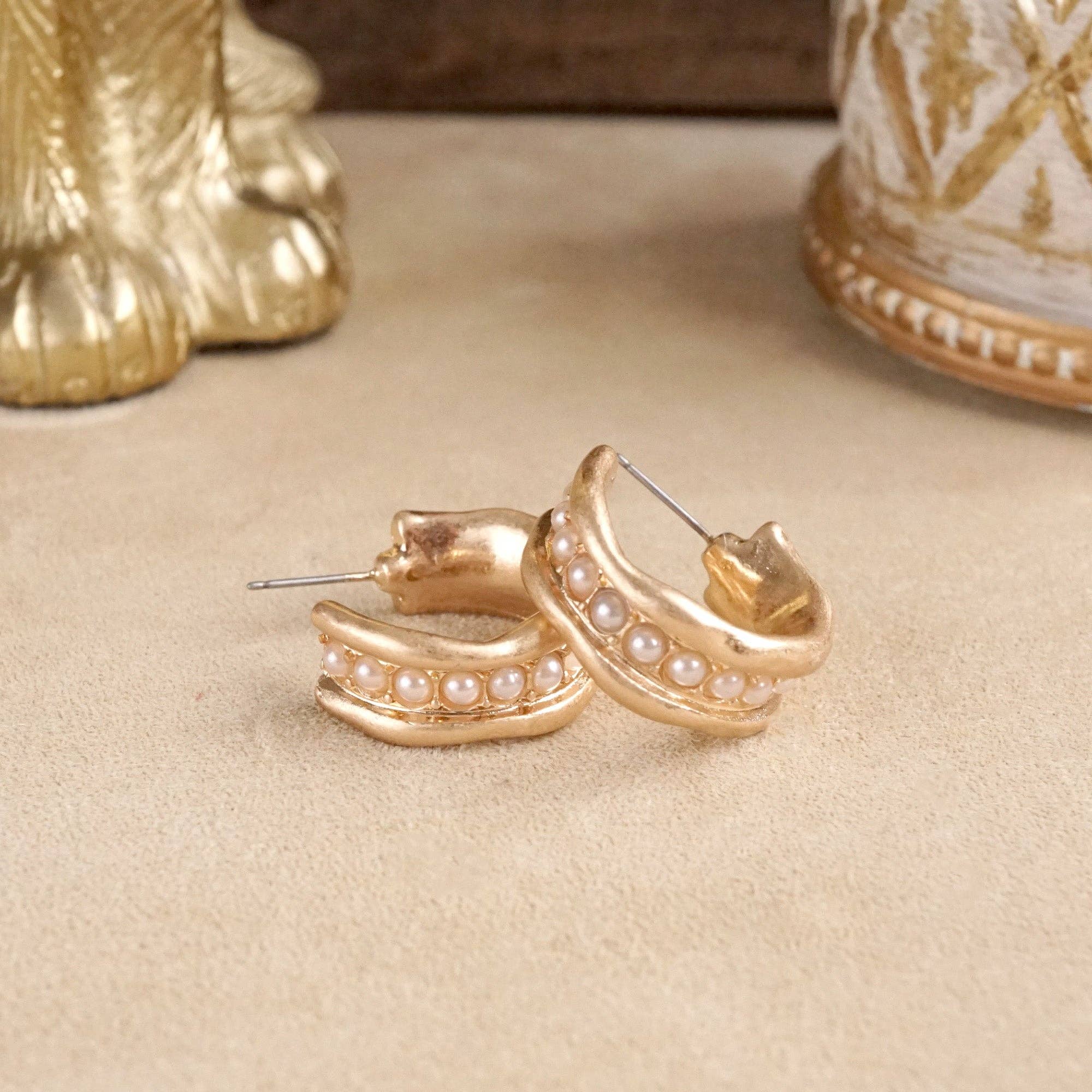 Minimalist Hoops with Faux Pearls or Turquoise – Brushed Gold-Earrings-PennyLine inc-Stuffology - Where Vintage Meets Modern, A Boutique for Real Women in Crosbyton, TX