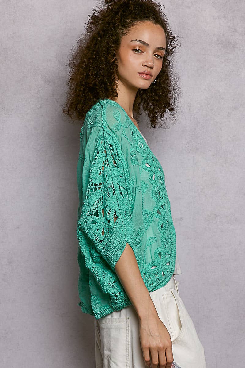 Batwing Sleeve Button Down Solid Crochet Cardigan Top-Pol Clothing-Stuffology - Where Vintage Meets Modern, A Boutique for Real Women in Crosbyton, TX