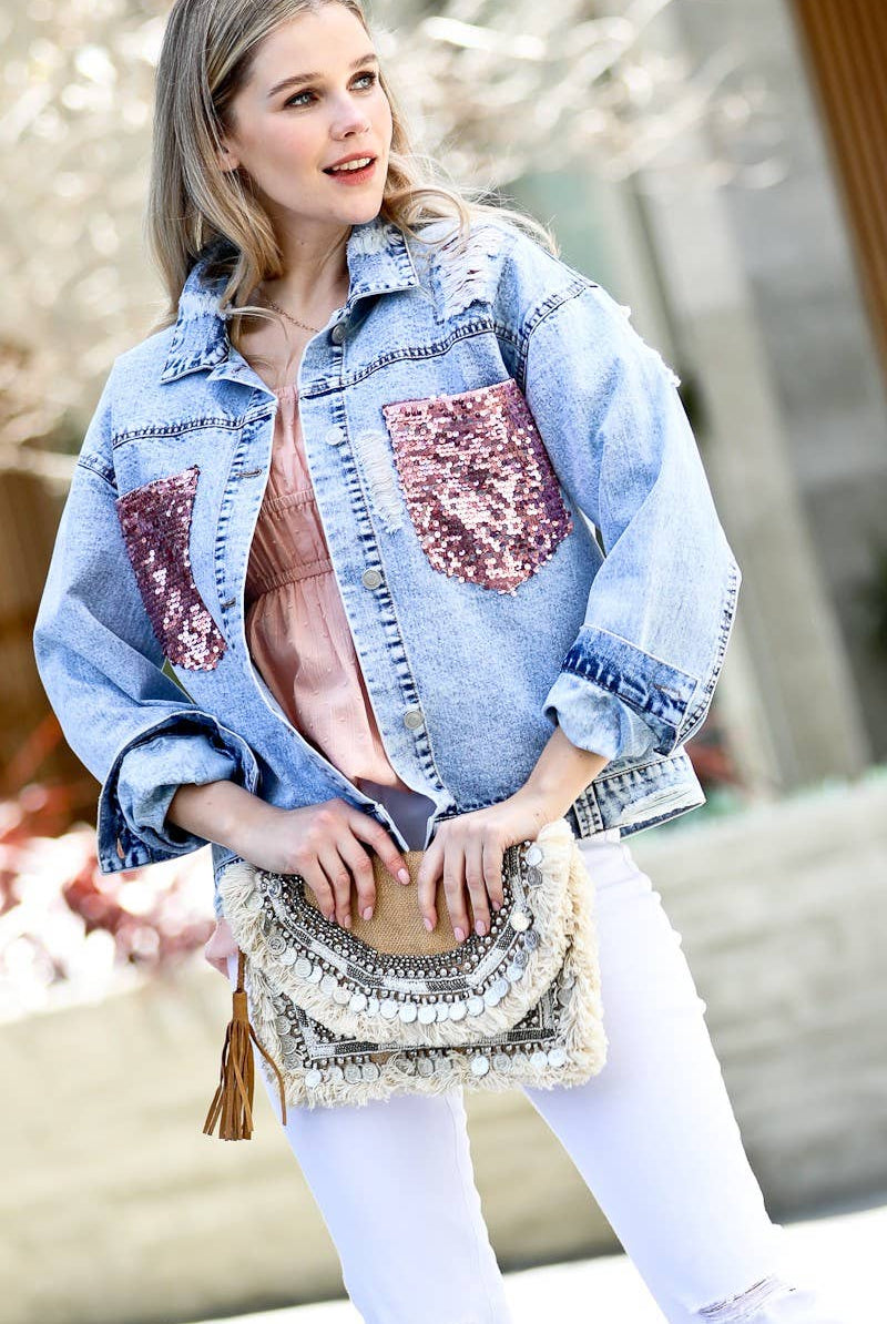 Pink Sequin Pocket Distressed Denim Jacket | Stuffology Boutique-Jackets-Mazik-Stuffology - Where Vintage Meets Modern, A Boutique for Real Women in Crosbyton, TX