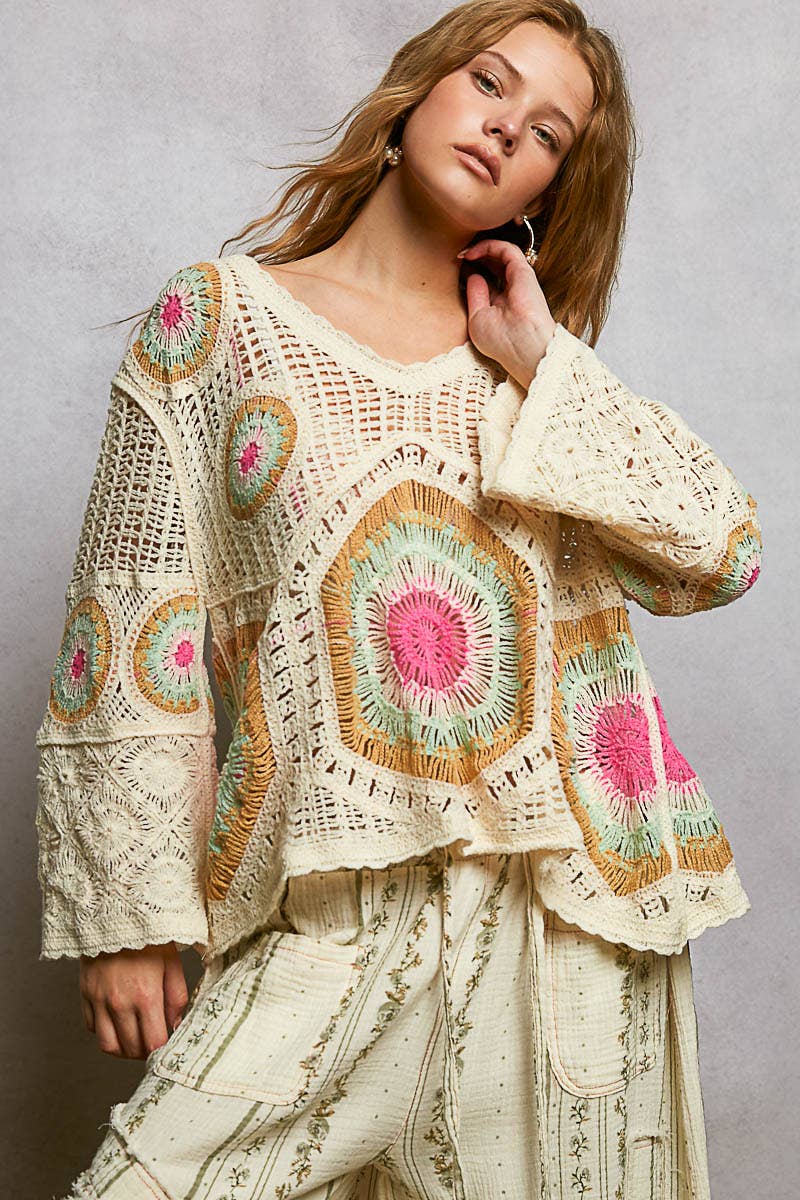 V-Neck Granny Circle Motif Scalloped Edge Crochet Top-Crochet Top-Pol Clothing-Stuffology - Where Vintage Meets Modern, A Boutique for Real Women in Crosbyton, TX