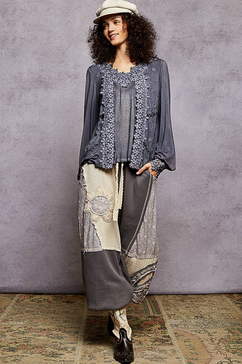 Long Sleeve Contrast Floral Lace Crochet V-Neck Top-Pol Clothing-Stuffology - Where Vintage Meets Modern, A Boutique for Real Women in Crosbyton, TX