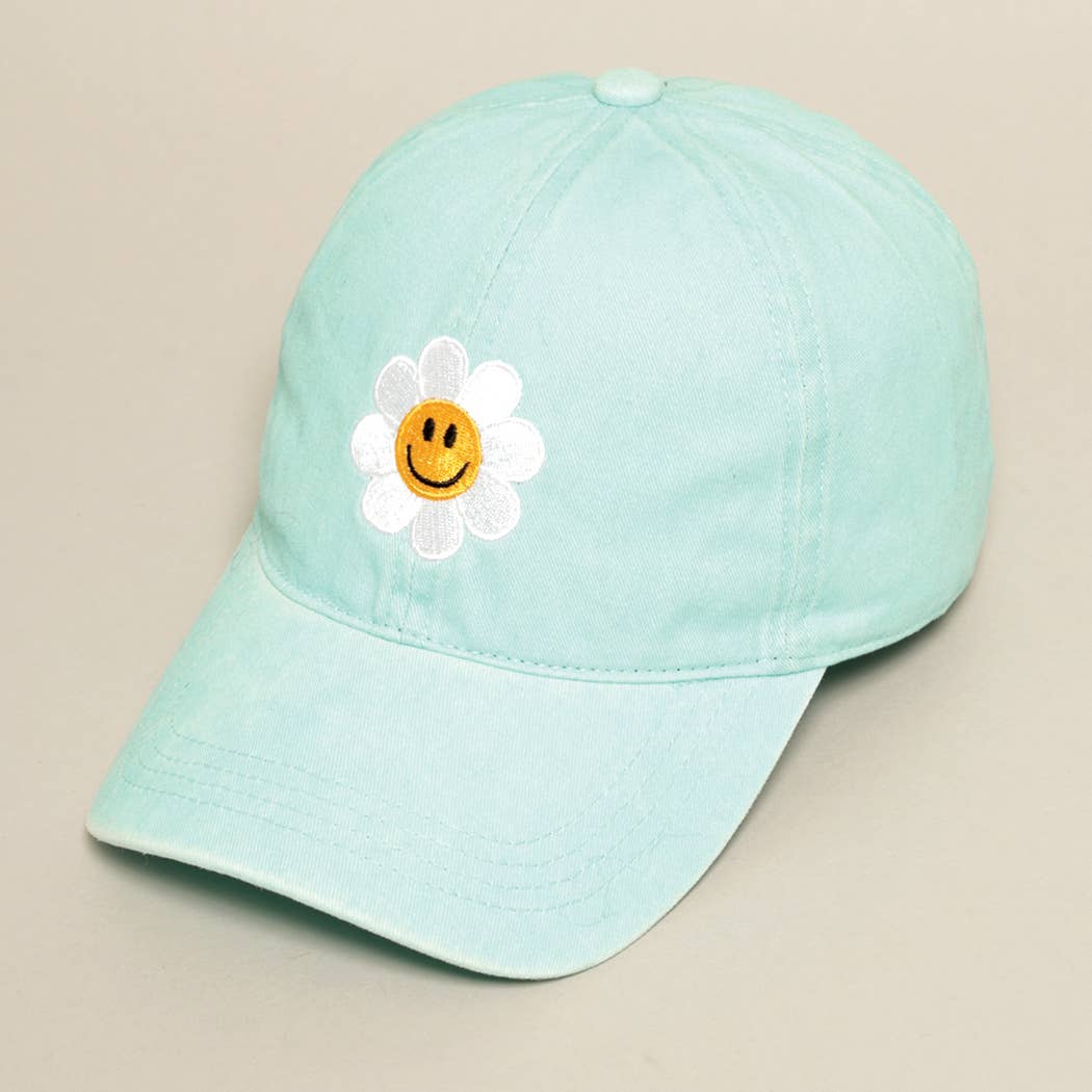 Happy Face Flower Embroidered Baseball Cap | Stuffology Boutique-Hats-Fashion City-Stuffology - Where Vintage Meets Modern, A Boutique for Real Women in Crosbyton, TX