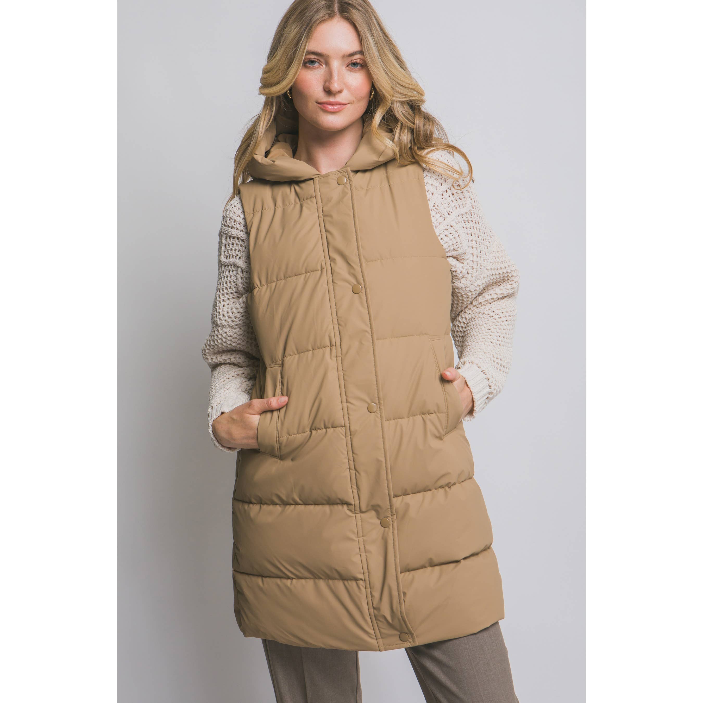 Hooded Long Quilted Puffer Vest w Zip Snap Closure-HiteJeans-Stuffology - Where Vintage Meets Modern, A Boutique for Real Women in Crosbyton, TX