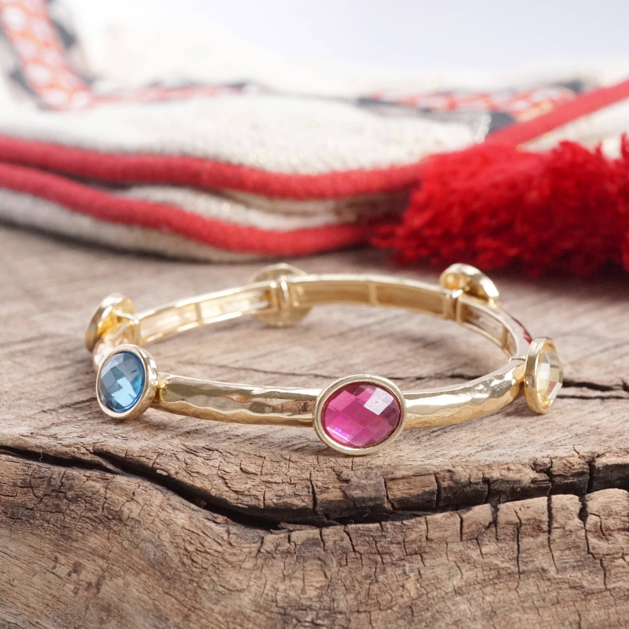 Jeweled Golden Bangle - with Faceted glass oval colorful jewels-Bracelets-PennyLine inc-Stuffology - Where Vintage Meets Modern, A Boutique for Real Women in Crosbyton, TX