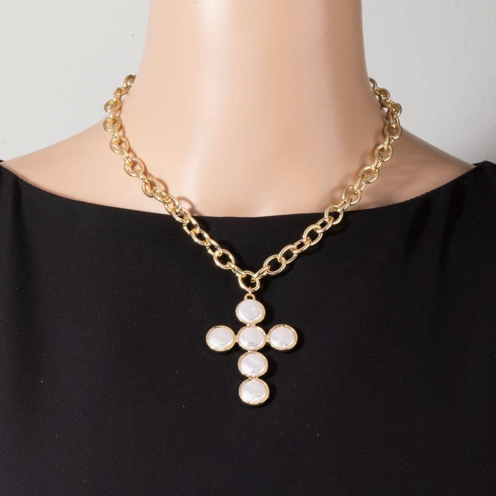 Pearl Discs Cross Pendant Necklace-Necklaces-The Looks by Fame Accessories-Stuffology - Where Vintage Meets Modern, A Boutique for Real Women in Crosbyton, TX