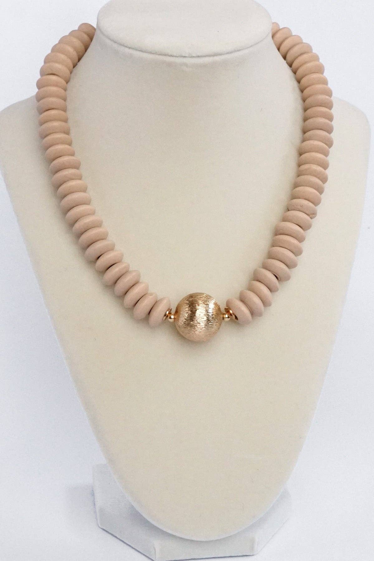 Wood Saucer Beads Short Statement Necklace Gold center Hot Pink Beige Turquoise-Necklaces-PennyLine inc-Stuffology - Where Vintage Meets Modern, A Boutique for Real Women in Crosbyton, TX