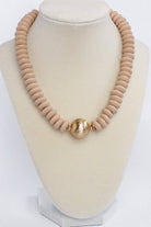 Wood Saucer Beads Short Statement Necklace Gold center Hot Pink Beige Turquoise-Necklaces-PennyLine inc-Stuffology - Where Vintage Meets Modern, A Boutique for Real Women in Crosbyton, TX