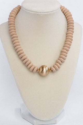 Wood Saucer Beads Short Statement Necklace Gold center Hot Pink Beige Turquoise-Necklaces-PennyLine inc-Stuffology - Where Vintage Meets Modern, A Boutique for Real Women in Crosbyton, TX