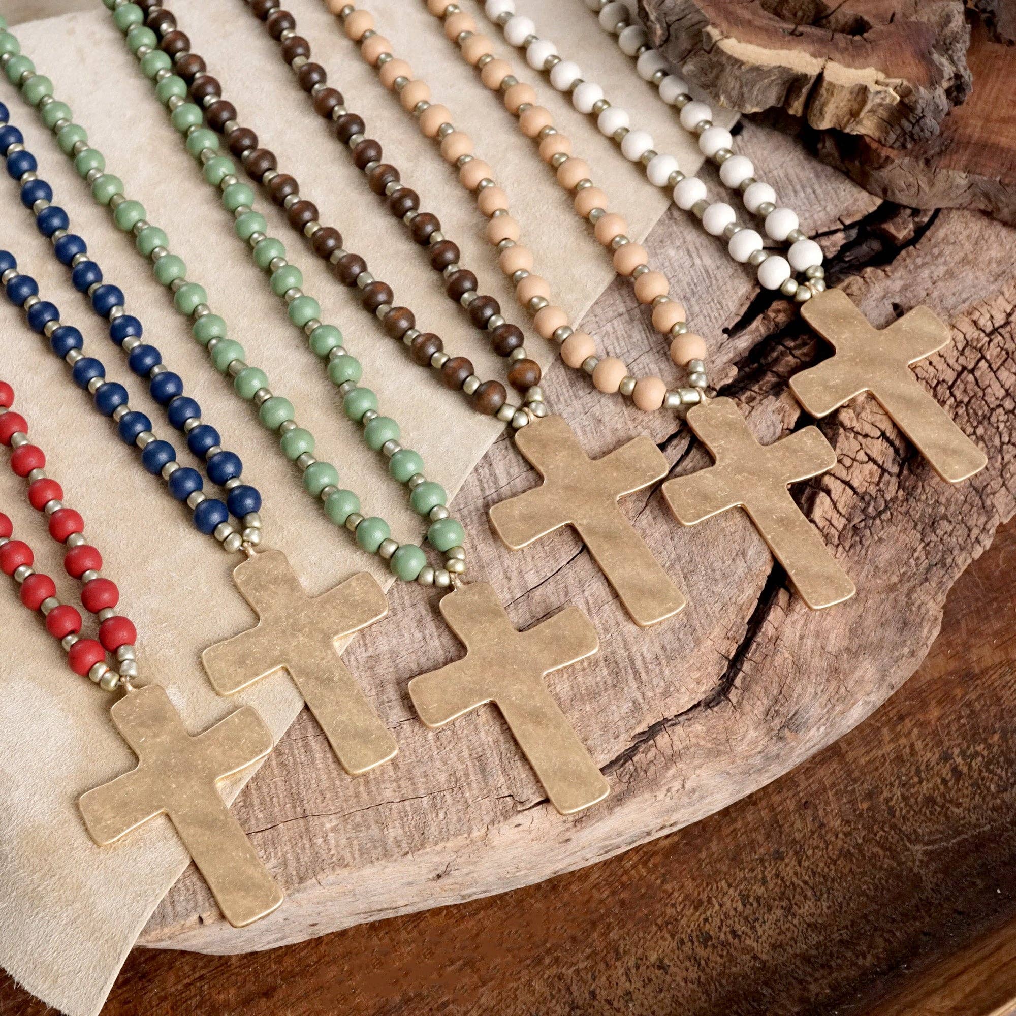 Long Wooden Bead Necklace with Gold Cross-Necklaces-PennyLine inc-Stuffology - Where Vintage Meets Modern, A Boutique for Real Women in Crosbyton, TX