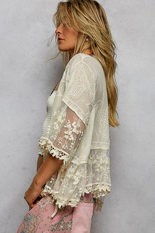 1/2 Sleeve Lace Ruffle Trim Opening Solid Crochet Cardigan-Cardigan-Pol Clothing-Stuffology - Where Vintage Meets Modern, A Boutique for Real Women in Crosbyton, TX