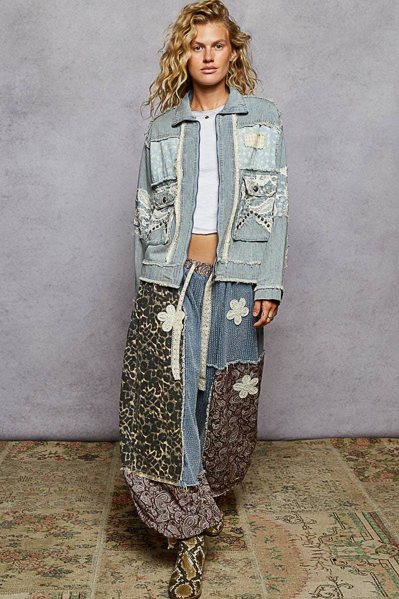 Long sleeve textured woven lace patchwork jacket-Pol Clothing-Stuffology - Where Vintage Meets Modern, A Boutique for Real Women in Crosbyton, TX