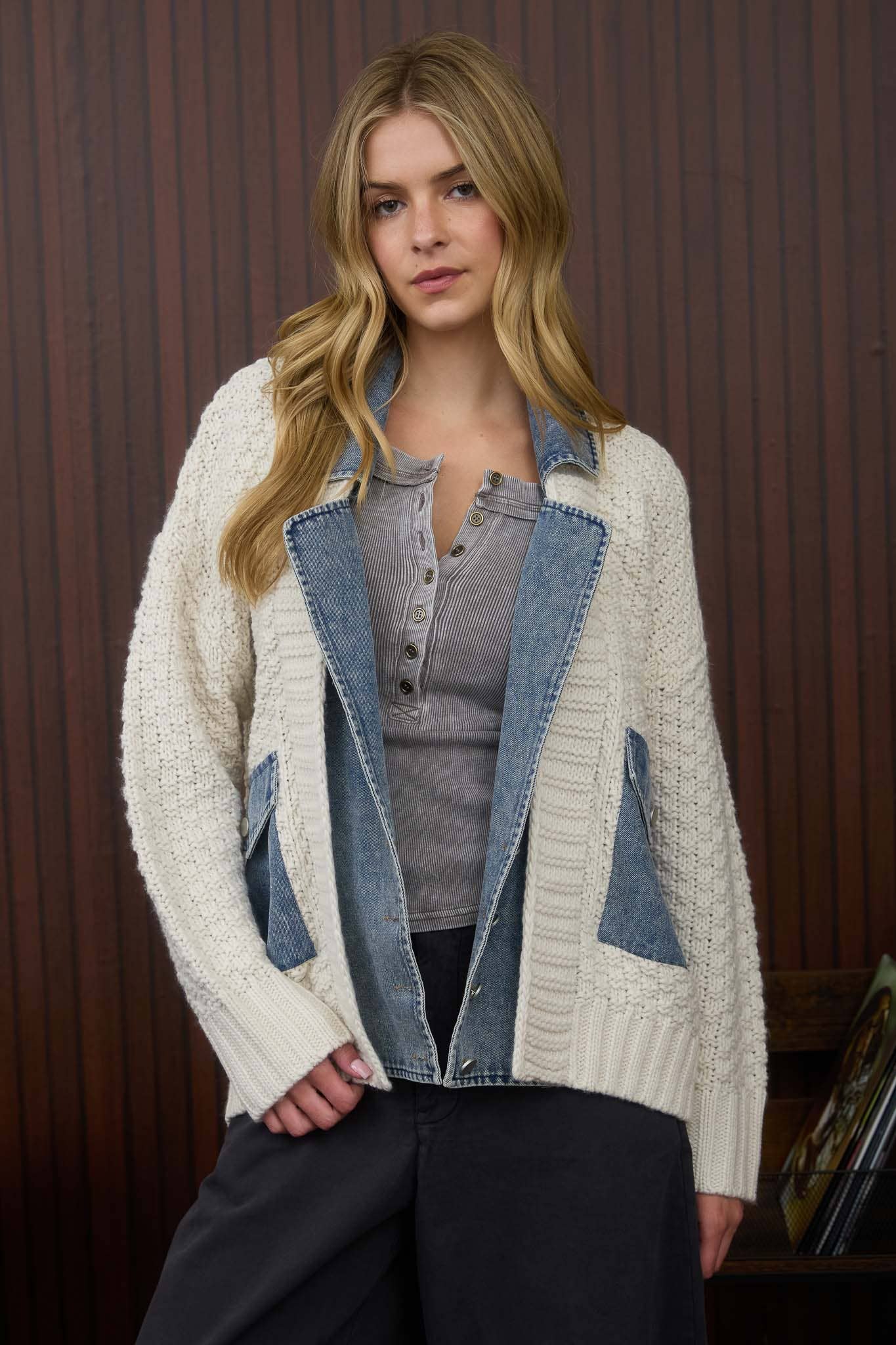 MIXED MEDIA CABLE KNIT DENIM TRIM JACKET-J.O.A-Stuffology - Where Vintage Meets Modern, A Boutique for Real Women in Crosbyton, TX