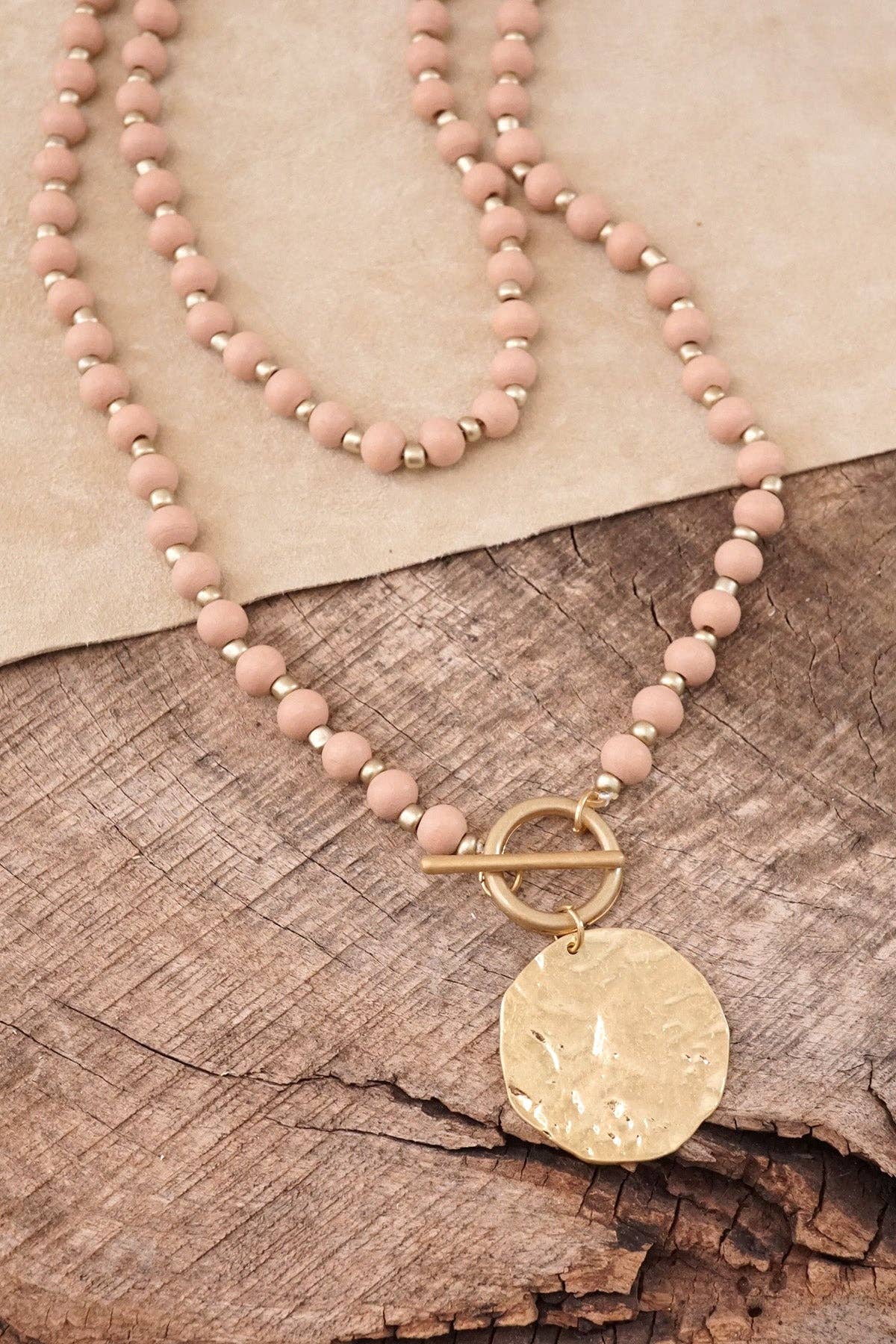 Multi Strand Wooden Beads Short Coin Necklace in Pink and Gold-Necklaces-PennyLine inc-Stuffology - Where Vintage Meets Modern, A Boutique for Real Women in Crosbyton, TX